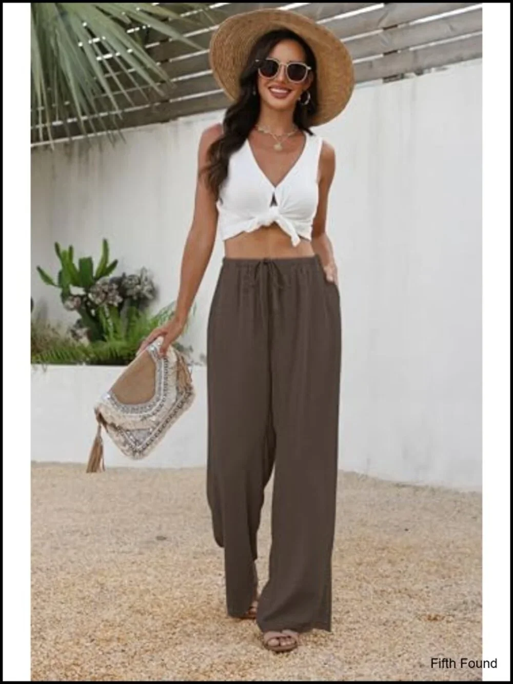 Flowey Palazzo Wide Leg Pants with Pockets Elastic Waist Drawstring Trousers